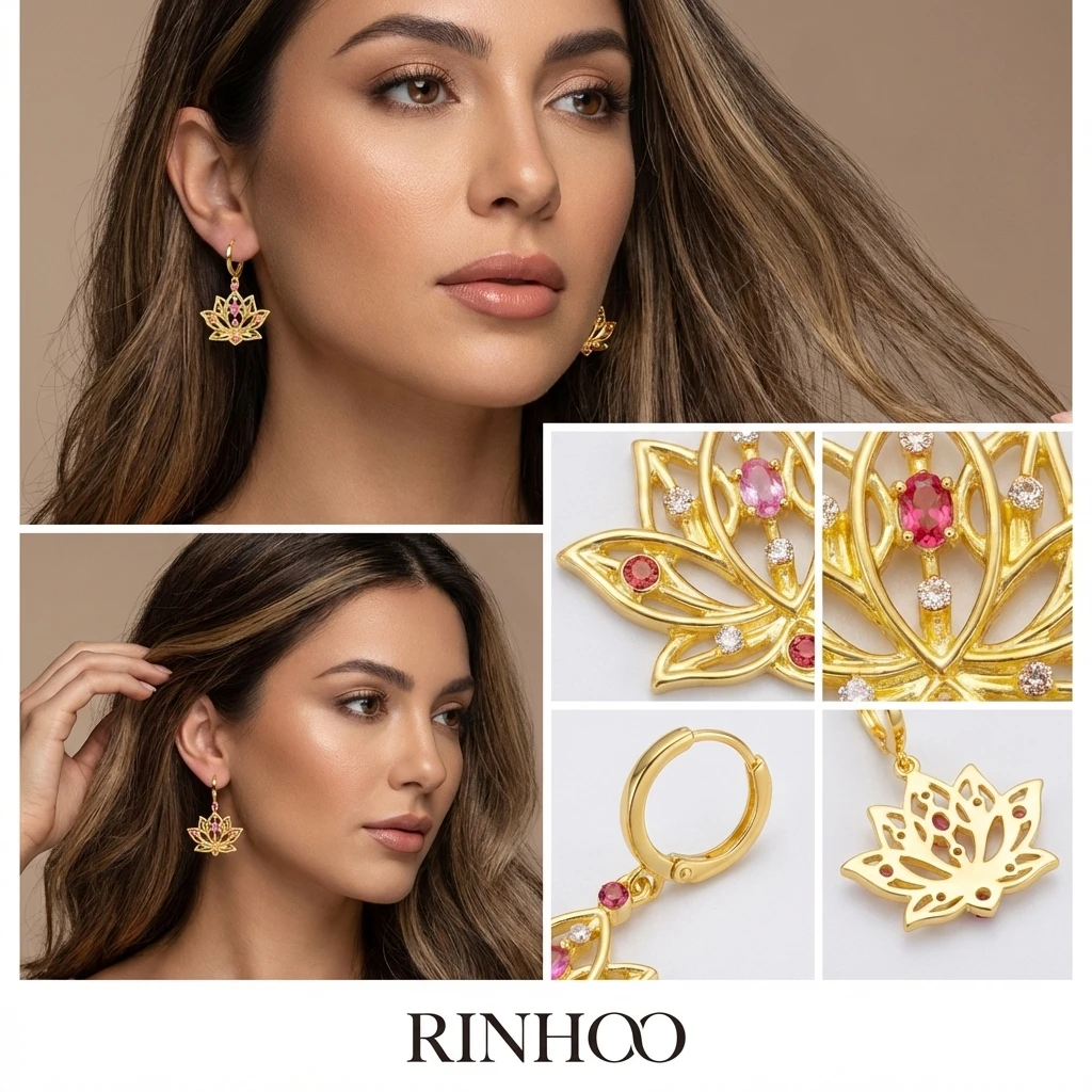 Elegante goldfarbene hohle Lotusblüten-Ohrringe für Damen, Boho, glitzernde Strass-Tropfenohrringe, spiritueller Kristallschmuck, Geschenk – Detail 4
