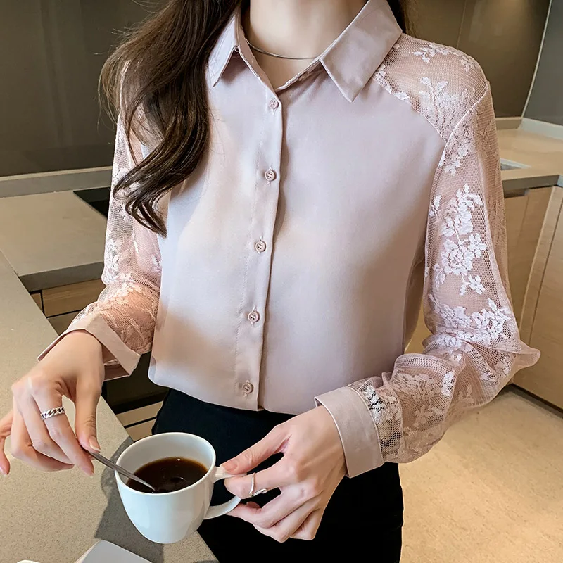 Women Clothing Elegant Turn-down Collar Lace Chiffon Shirts Spring Summer Fashion All-match Long Sleeve Blouses Casual Loose Top