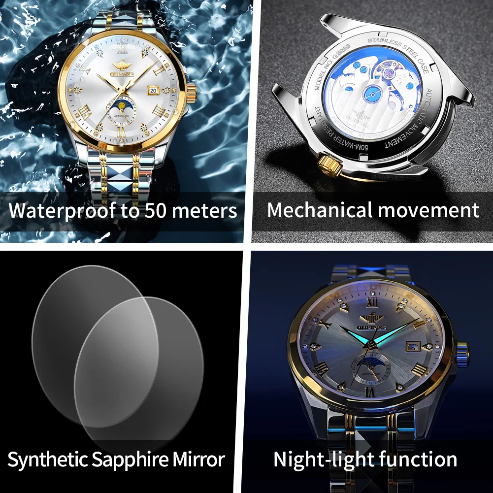 ساعات رجالية OUPINKE كاجوال عصرية من الفولاذ الناعم الأصلي ساعة يد ميكانيكية أوتوماتيكية مقاومة للماء مضيئة تاريخ القمر المرحلة الجديدة