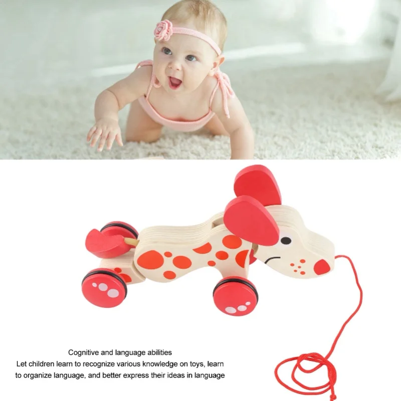Push-Pull-Spielzeug, Welpe, Spaziergang entlang, Ziehen, Hölzerner Hund, Spaziergang, ein langer Welpe, Holz-Pull-Spielzeug zum Spazierengehen, Kleinkinder, Hundestil