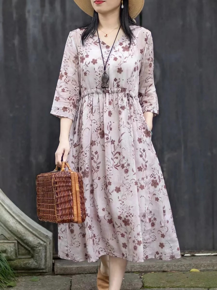 レディース綿麻Vネックラミードレス2025新作夏花柄ルーズロングドレスボヘミアンストリートウェア