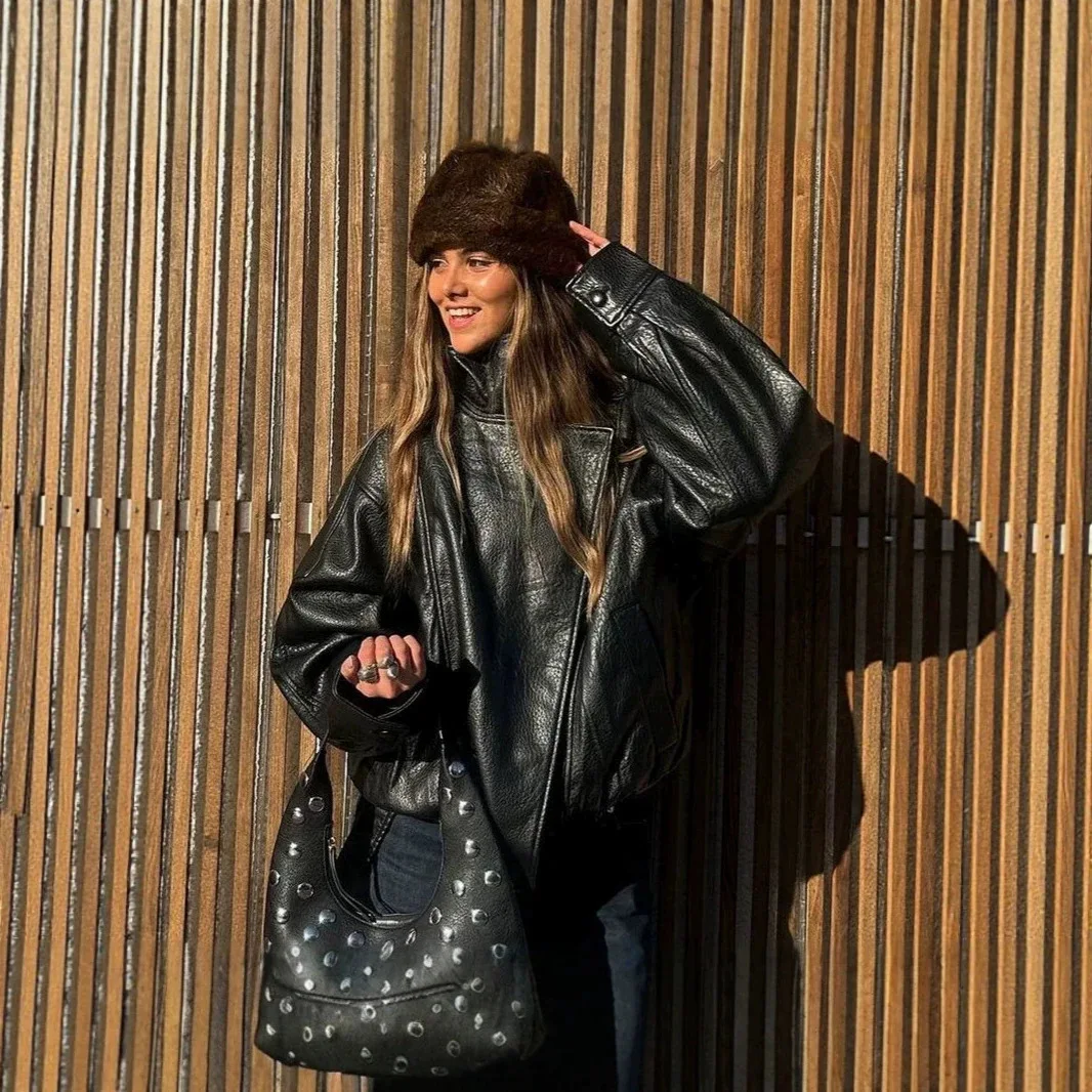 New Arrival Women's Bomber Jacket Leather Black Jackets Cropped Oversize Outerwears Zip-Up Long Sleeve Coats Outdoor Jacket