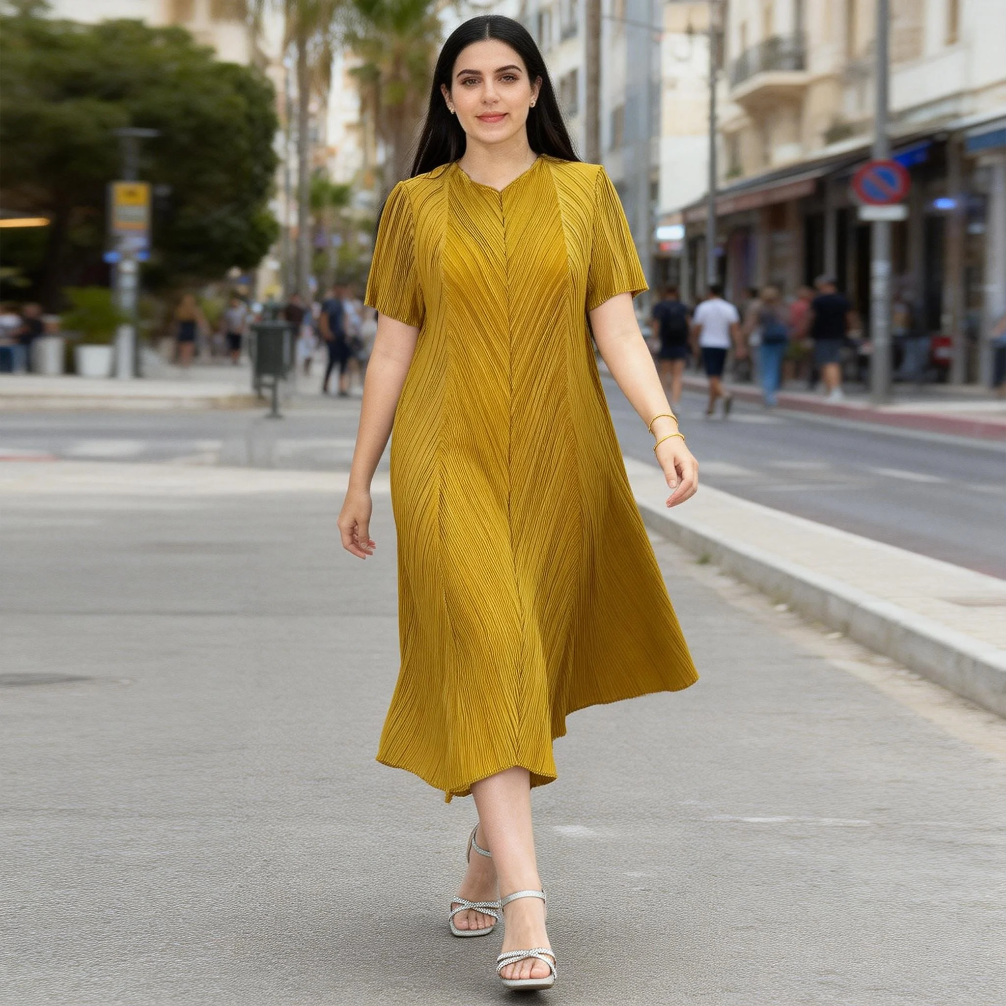 

Новое летнее плиссированное женское платье Miyake, свободное платье с круглым воротником, повседневная модная эластичная женская одежда с короткими рукавами 2DB6721