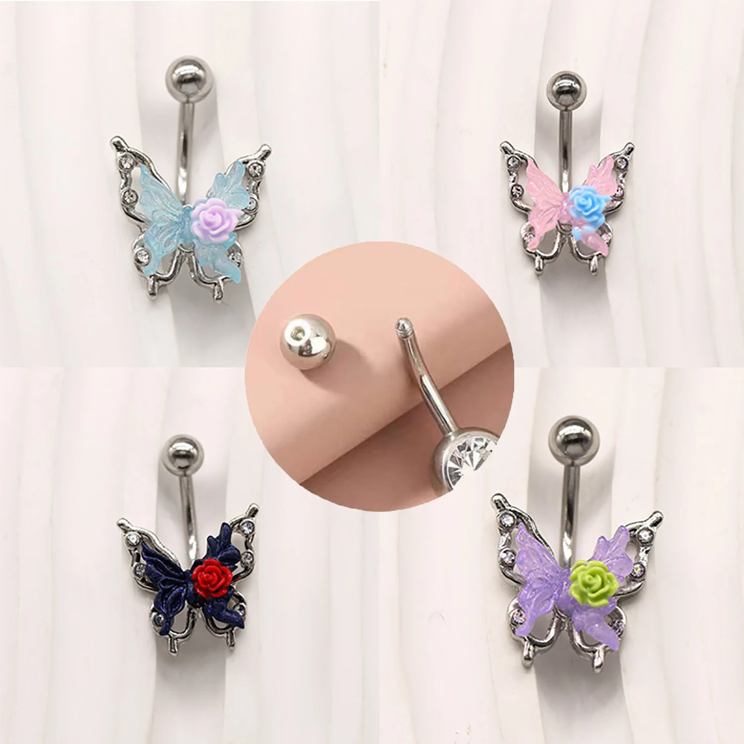 Rose Belly Piercing Jewelry Punk Gothic Design Butterfly Belly Button Ring Flower Navel Ring Barbell Piercing Ombligo For Women