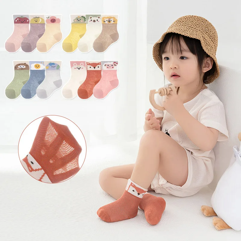 

3 Pairs Cartoon Socks for Baby Boy Girl Summer Mesh Breathable Middle Tube Socks Cute Animal Kids Cotton Thin Socks 0-3 Years