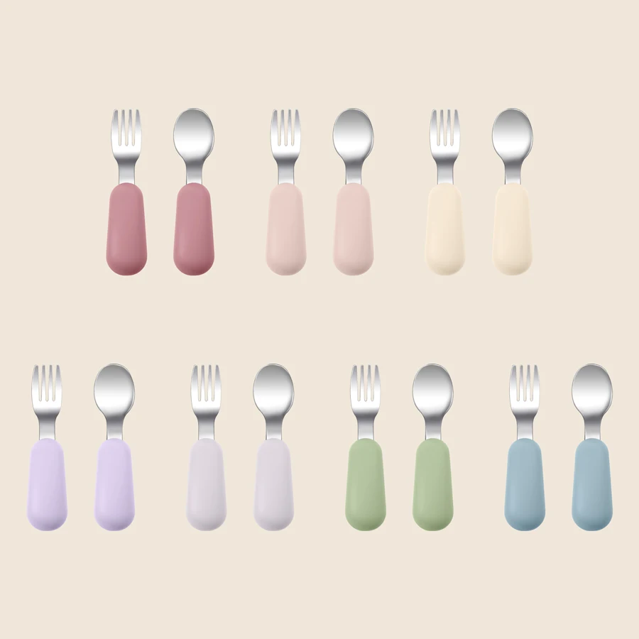 2PC Baby Silicone Stainless Steel Spoon Set Children's Training Fork Spoon Portable Baby Feeding Utensils Tableware Set With Box