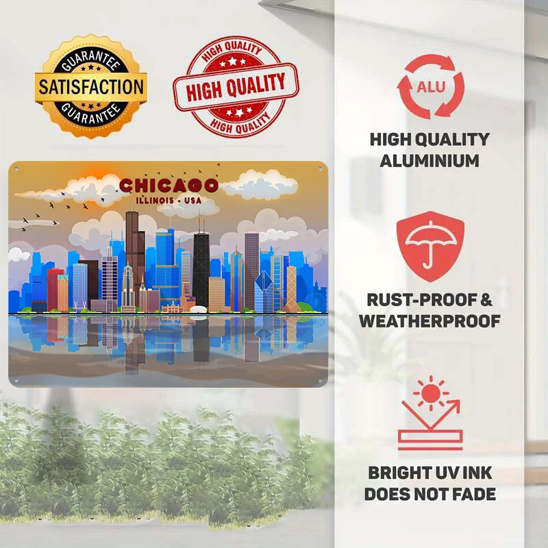Travel Chicago USA Skyline 3D Texture Printed Poster Custom Vintage Metal Tin Plate Sign for Wall Art Garage Accessories Decor
