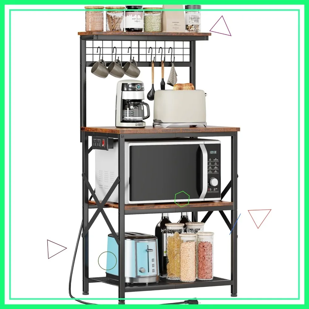 Kitchen Bakers Rack with Power Outlet, Microwave Stand, 4-Tier Storage, Coffee Bar Table, Rustic Brown