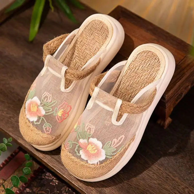

Женские сетчатые тапочки с вышивкой в этническом стиле, дышащие, на плоской подошве, льняные, для улицы, полутапочки, повседневная обувь в стиле рыбаков