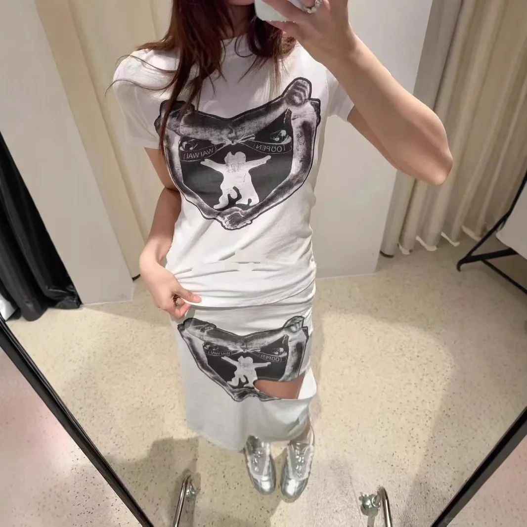 OPEN YY Half Skirt 2025 Tide Love Print Irregular Design Cutting Flutter Half Slim Midi Skirt