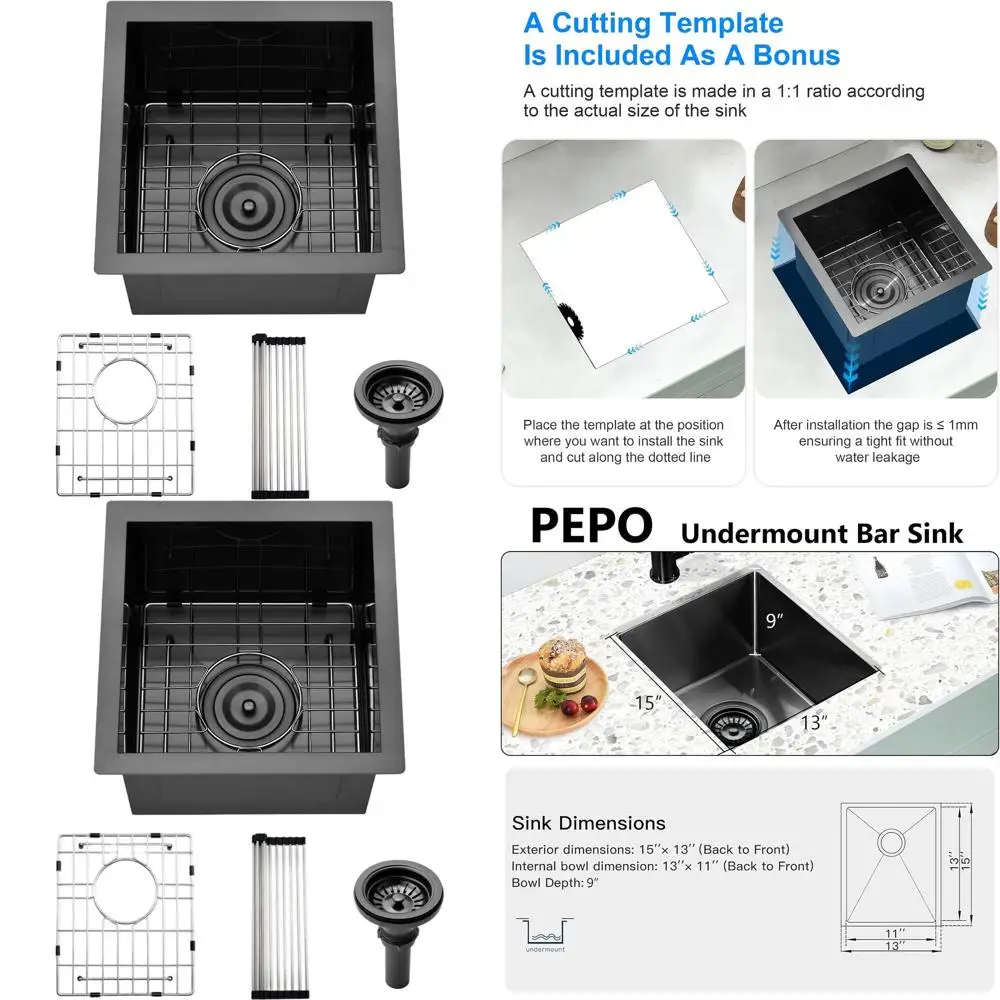 

Мойка для бара из нержавеющей стали 13x15 дюймов, 16 калибр, черная, одинарная, для установки под столешницу, для кухни, автофургона, использования на улице