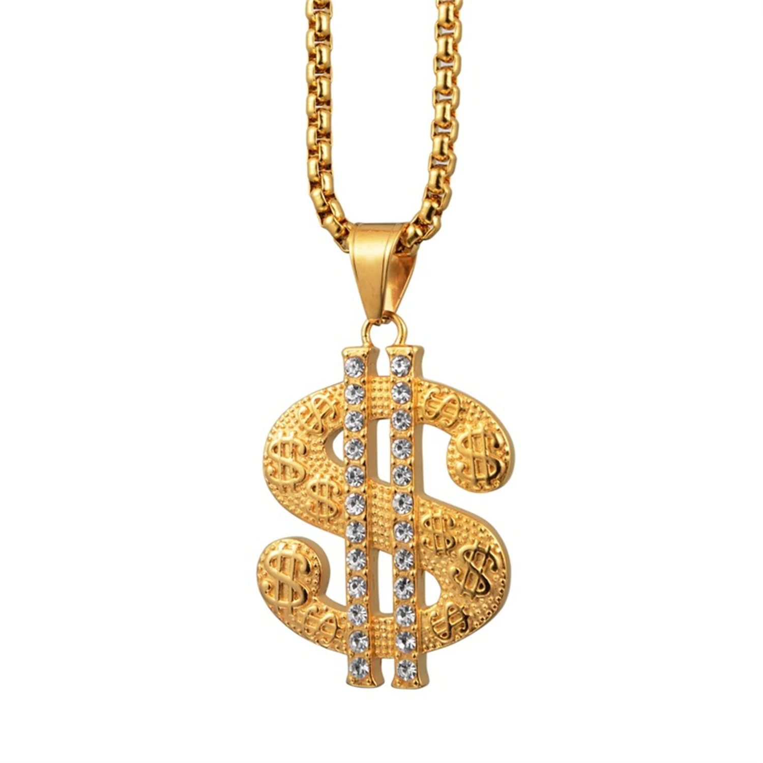 

Hip Hop Iced Out Bling Dollar Signs Pendant Dropshipping Gold Color Stainless Steel Money Necklace for Men Party Jewelry Gift