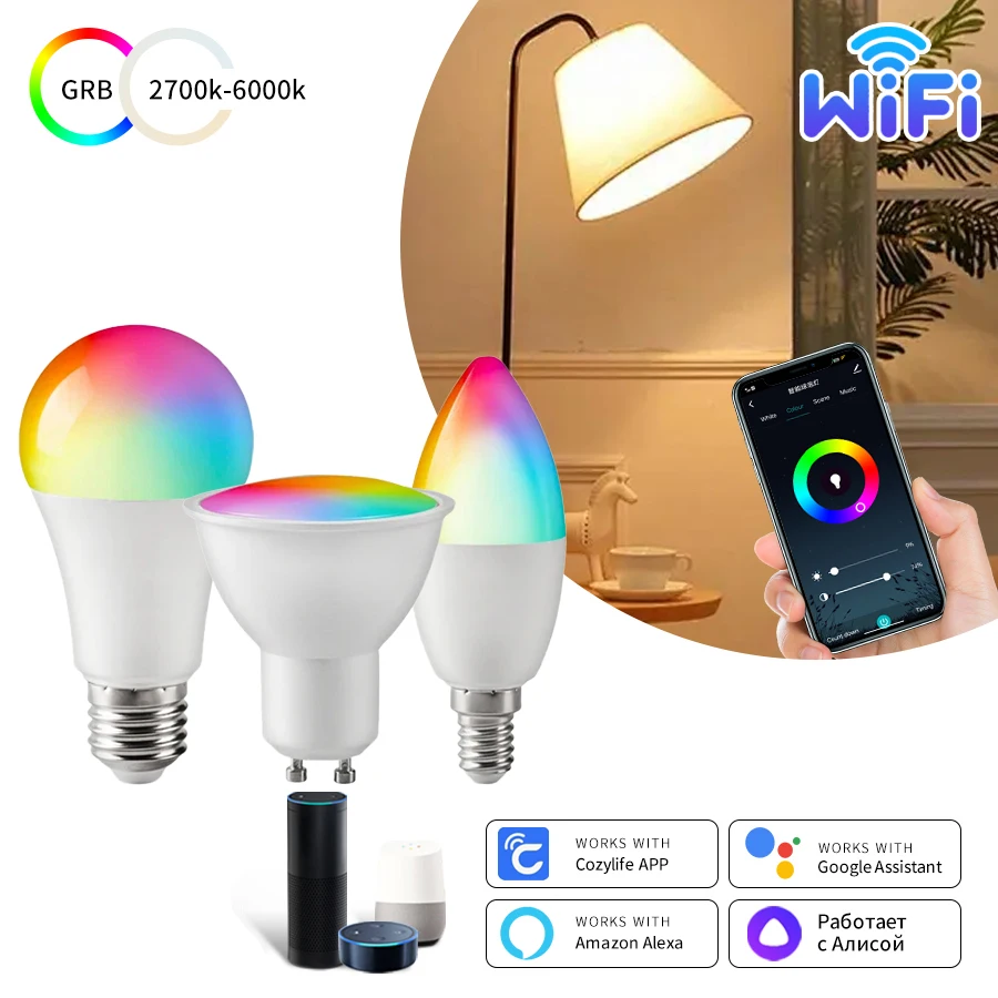 Bombilla Led inteligente Wifi E27 E26 GU10 E14 AC85-265V RGB lámpara Cozylife Alexa Google Alice Control de voz vela bombilla foco
