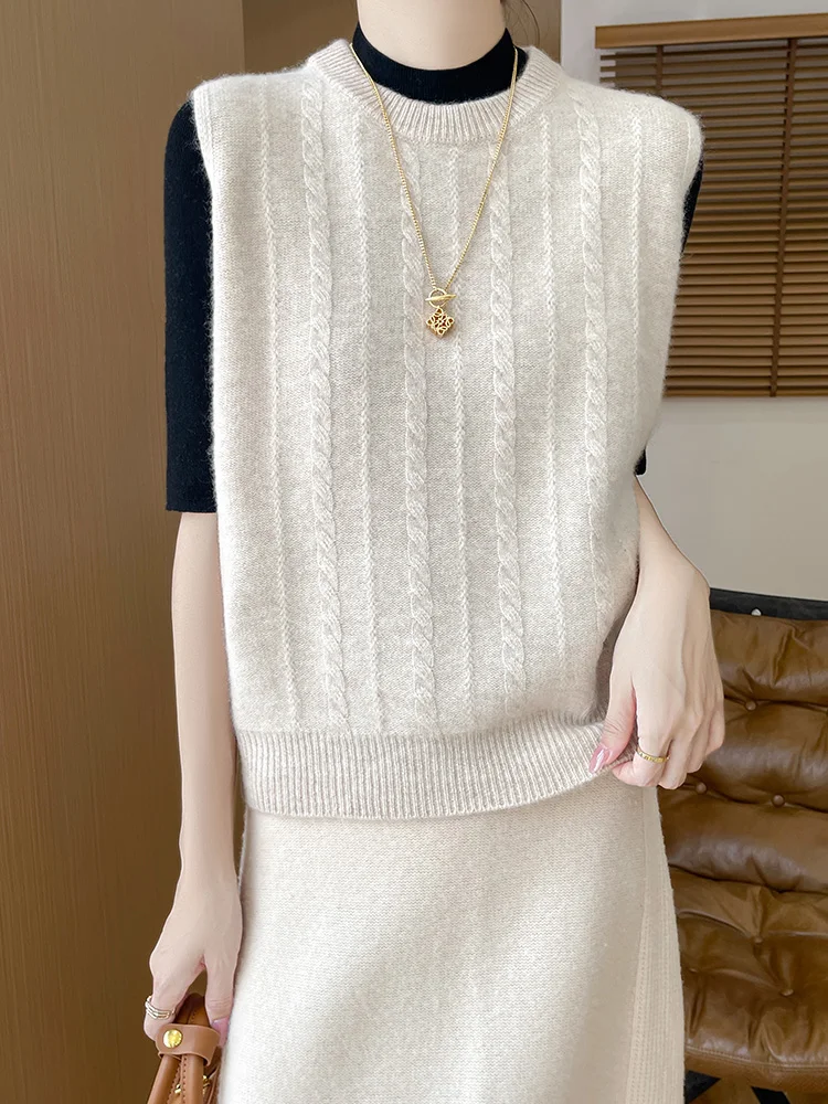 Dames O-hals trui wollen vest herfst winter twist bloem vest 100% merinowol gebreide kleding mouwloze kasjmier top
