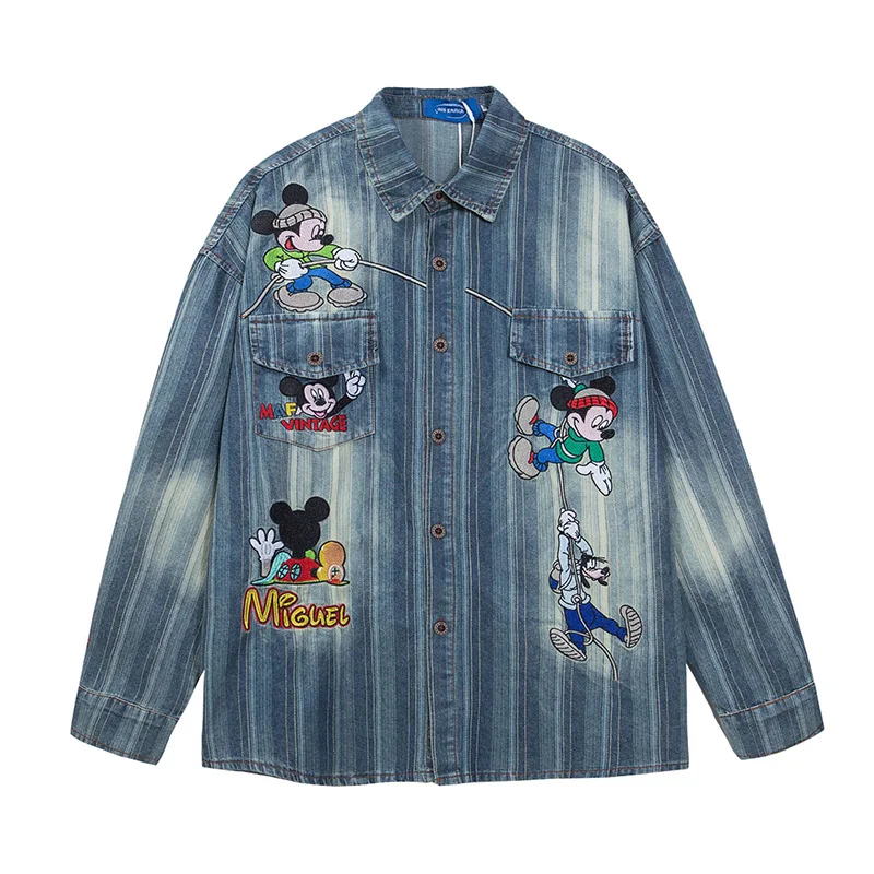 

Supzoom New Arrival Top Fashion Embroidered Mickey Mouse Denim Turn-down Collar Open Stitch Striped Men Chemise Casual Shirts