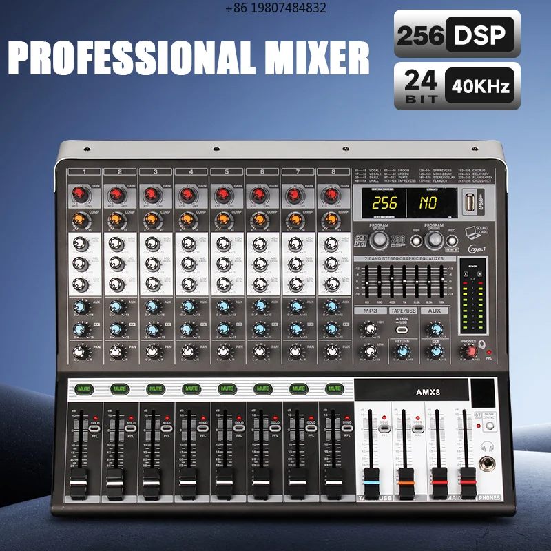 Effects Bluetooth for Live Streaming Podcast Studio Professional AMX8 8-Channel Audio Mixer Console with 99 DSP