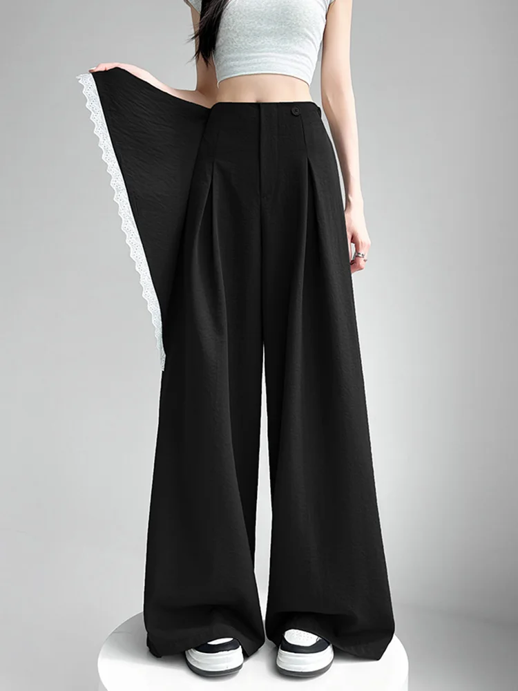 Jmprs بدلة حلوة غير رسمية واسعة الساق بانت المرأة تصميم الأزياء عالية الخصر الحرير الجليد بنطلون الصيف الكورية أنيقة الإناث شيك السراويل