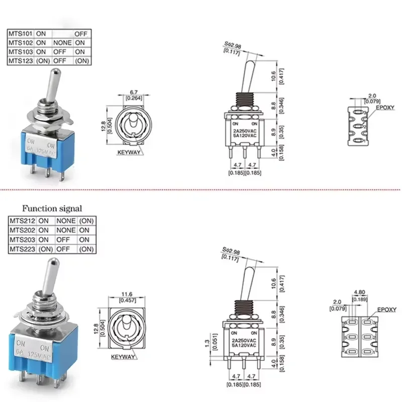 10Pcs Mini Lever Toggle Switch 1/4Inch Mounting Single Pole Double Throw ON-OFF-ON /ON-ON 6A125V/3A250V MTS-102 103 202 203