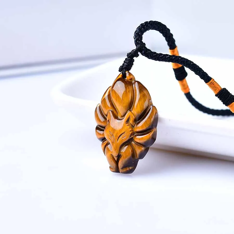 1PC Natural Tigers Eye Nine-tailed Fox Pendant Crystal Handmade Polished Healing Stone For Unisex Mineral Jewelry Amulet Gifts