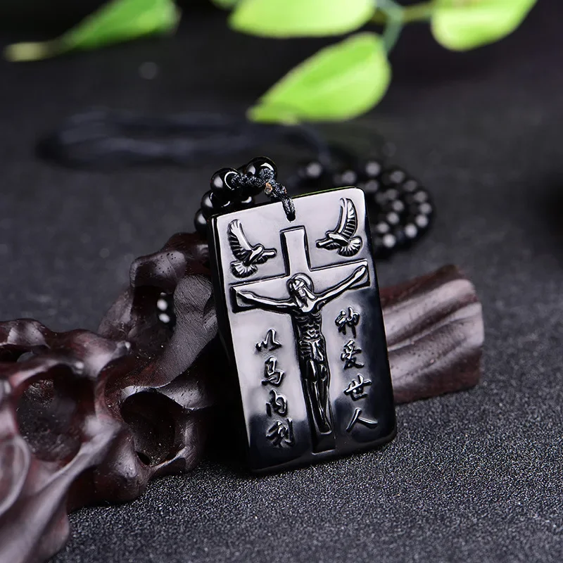 Natural Obsidian Cross Jesus Christ Pendants Jewelry Fine Jewelry Lucky Safety Amulet  Pendant Christmas Jewelry