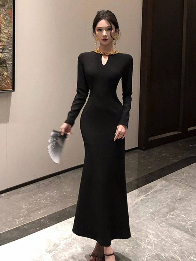 포멀한 행사용 블랙 롱 드레스 여성 의류 홀로우 O넥 슬림 피쉬테일 드레스 우아한 여성 패션 파티 프로모션 드레스 신상품