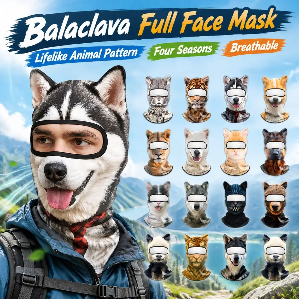 Animal Pattern Balaclava Mask Windproof Ice Silk Full Face Mask Skin Friendly Lifelike Eared Head Cover Cycling/Party/Outdoor