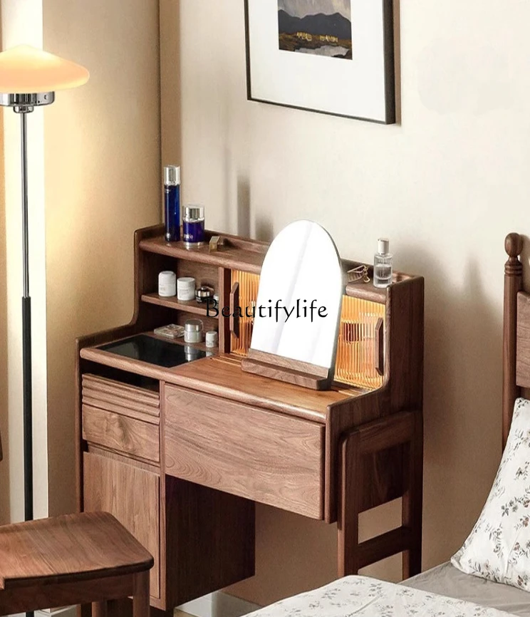 

Black Walnut Wooden Dressing Table Solid Wood Light Luxury Bedroom Multi-Functional Integrated Dresser Cabinet