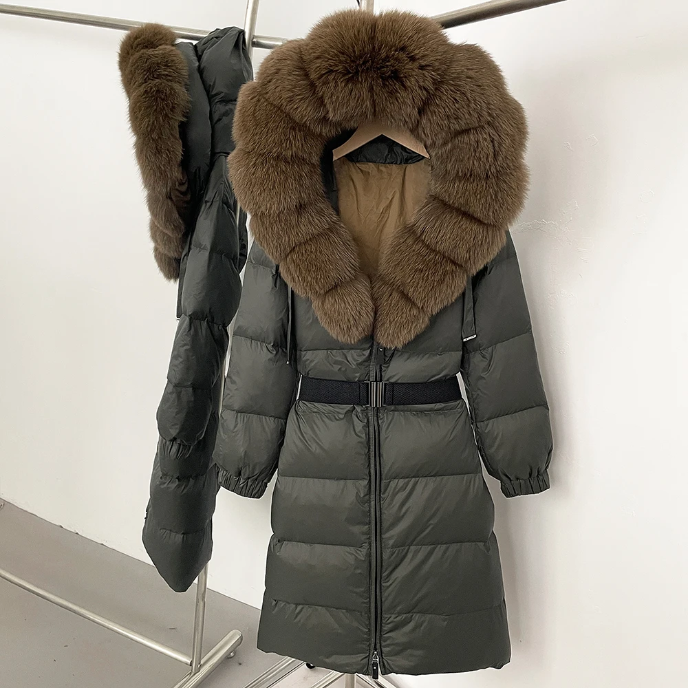

Real Fox Fur Reality Fur Coat Winter Ladies Belt Loose Down Padding Duck Down Coat Long Outwear Women's Long Winter Down Jacket
