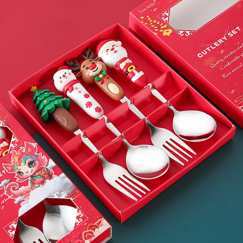 2pcs/4pcs Stainless Steel Christmas Spoon Fork Set - Food-grade Cartoon (Santa/Snowman/Deer/Tree) | Party Supplies