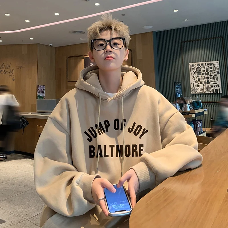 

Американский ретро-худи из плотной ткани цвета абрикос для мужчин, весна-осень, новая свободная повседневная толстовка для подростков, удобная толстовка с длинными рукавами