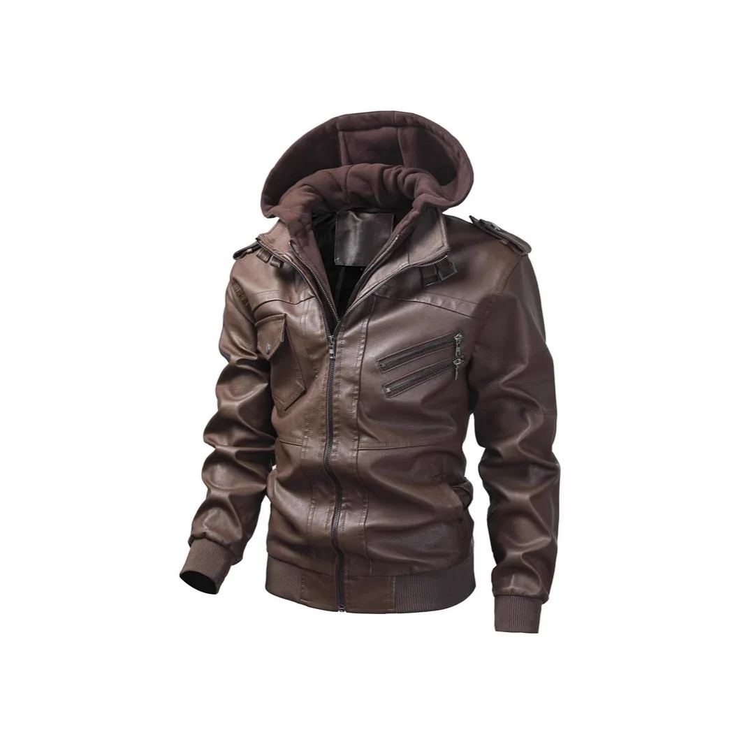 

Men's Youth Hooded PU Leather Fashion Locomotive Casual Jacket Large Size Hat Removable