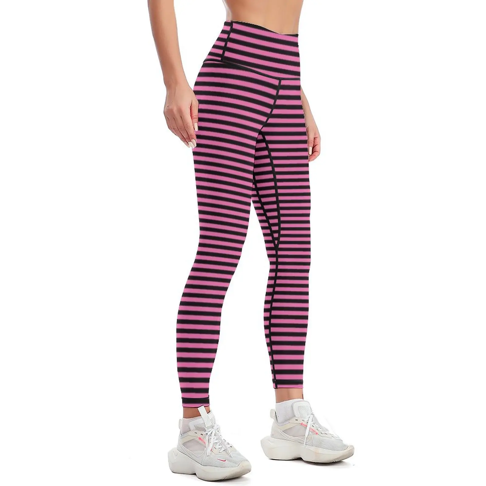 Black and Light Hot Pink Candy Stripe Horizontal Thin Stripes | Leggings gym womans Womens Leggings