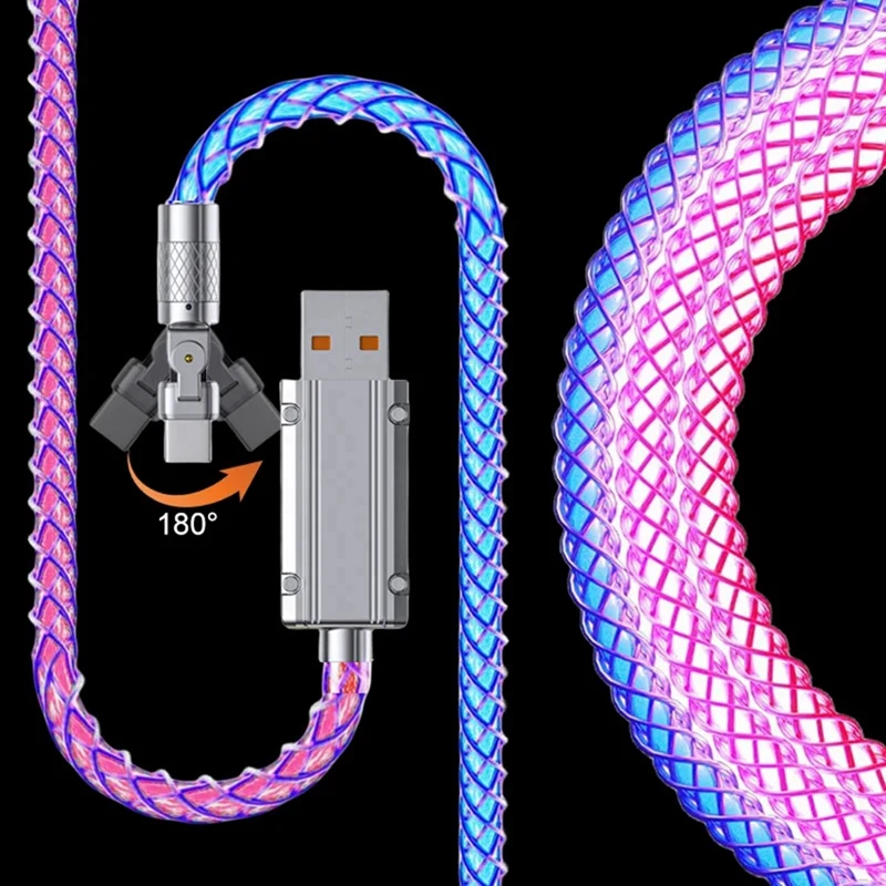 180 °   Girar cabo carregador brilhante rgb 6a 120w cabos de carregamento rápido para cabo de fio do telefone móvel 1m fácil de usar tipo porta c