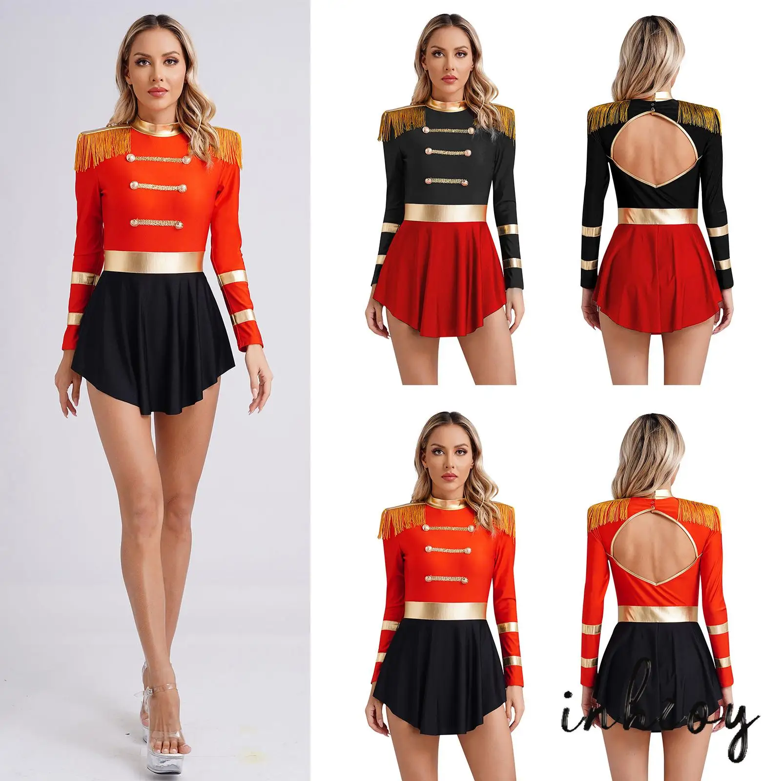 

Halloween Women Circus Ringmaster Dresses Cosplay Costume Long Sleeve Fringed Shoulder Leotard Dress Carnival Party Dress Up