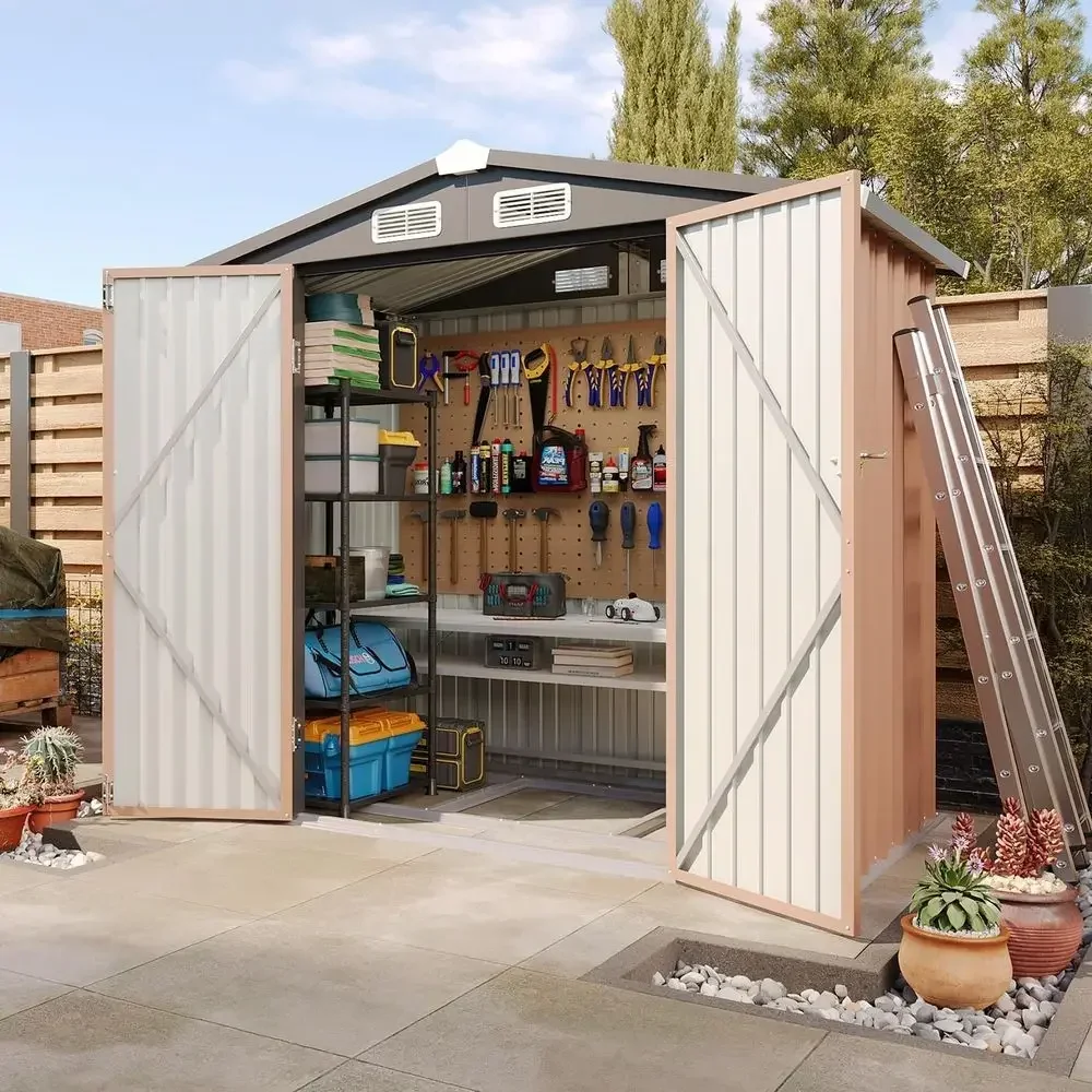 6x4ft Outdoor Metal Shed with Lockable Door - Perfect for Tools, Garden Gear & Bikes, Ideal for Patio (Base Included, Brown)
