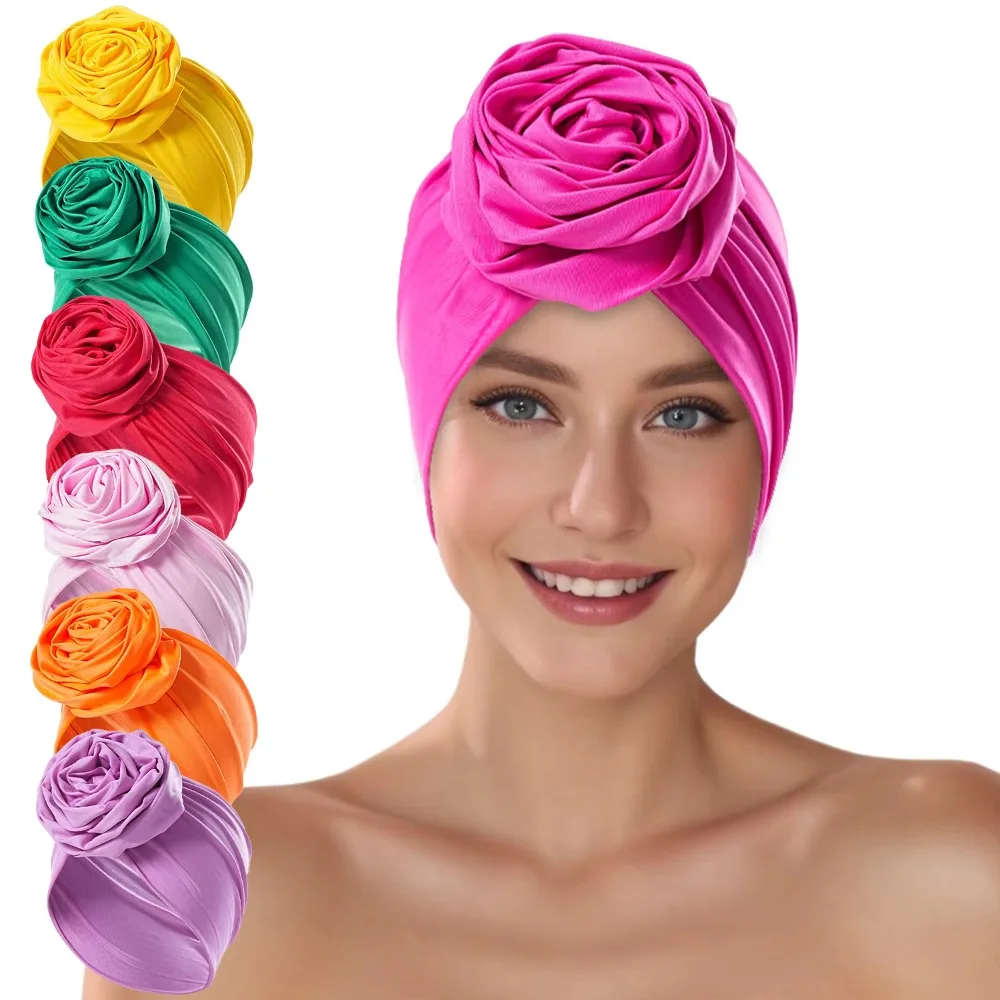 Soie brute grande fleur de Rose bandeau respirant élastique Boho fleur Bandana léger femmes africaines Turban enveloppement femmes et filles
