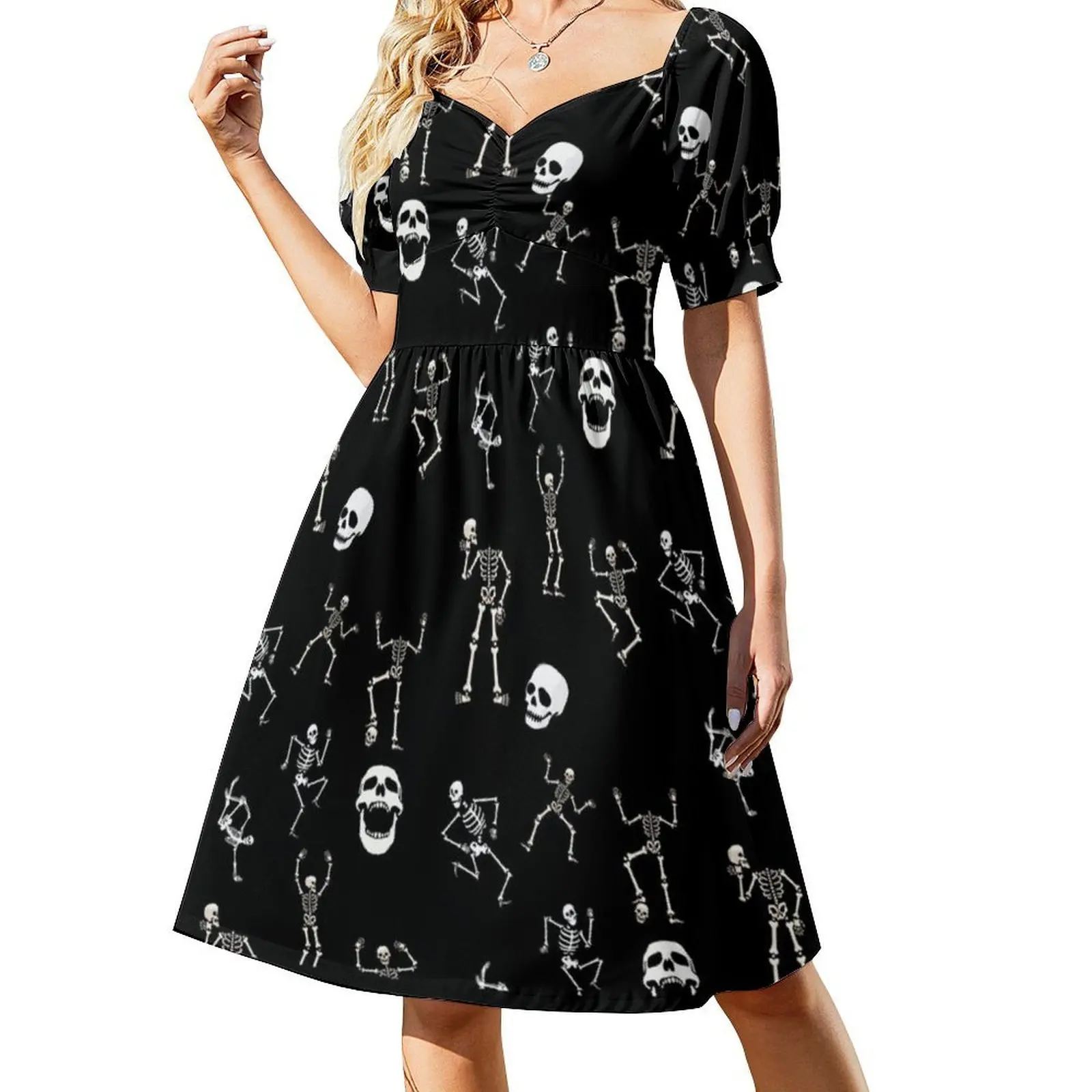 Skeletten over Halloween Sweetheart Hals Jurk Elegante Zomer Feestjurk Voor Vrouwen Halloween Grappig Spooky Horror Schattig