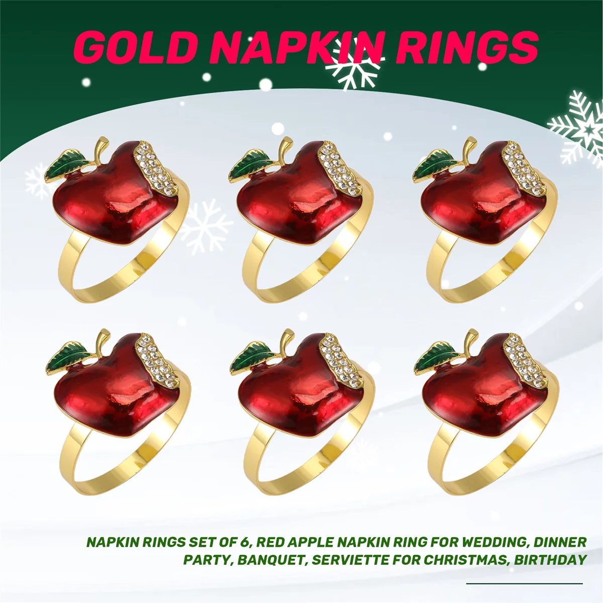 Conjunto de 6 anéis de guardanapo qualitativos, anel de guardanapo de maçã vermelha para casamento, jantar, banquete, guardanapo para natal, aniversário