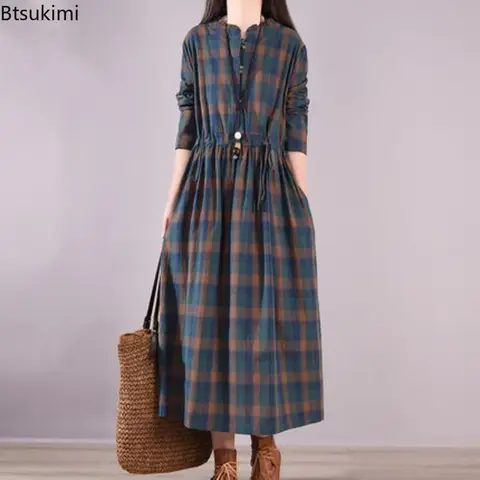 Fashion Vintage Waisted Long Dress for Women Comfy Long Sleeve Plaid Cotton Linen Lace-up Maxi Dress Female Casual Vestidos Robe