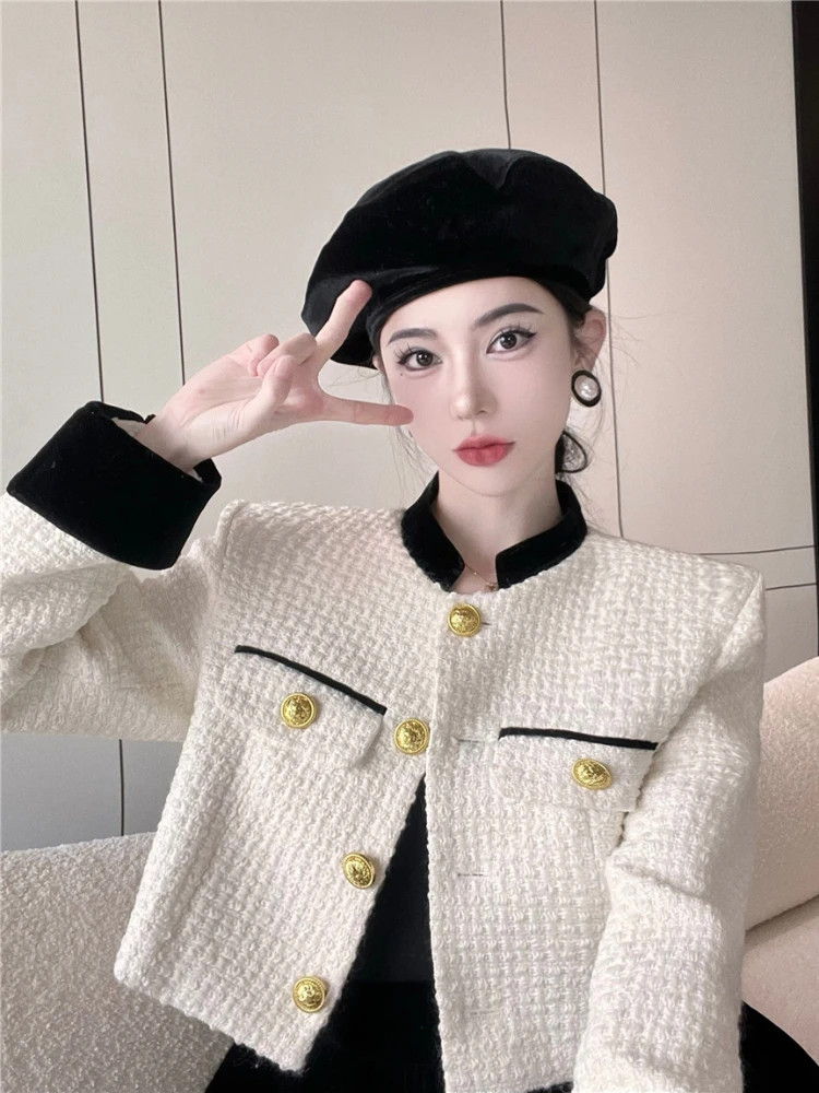 Small Fragrant Coat Chic Stand Tweed Jacket Women Red Vintage Autumn Chaquetas Mujer Jaqueta Feminina Black Striped Cardigan