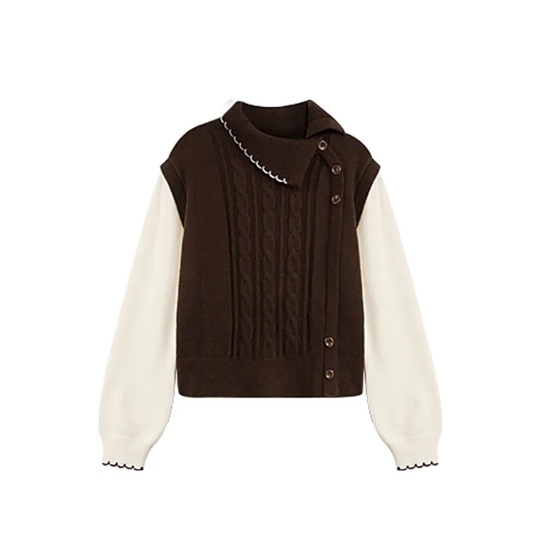 ALXNAN Braune Pullover für Damen, gefälschte zweiteilige Farbblock-Patchwork-Knopfpullover, atmungsaktiv, bequem, gestrickte Oberteile, L57733