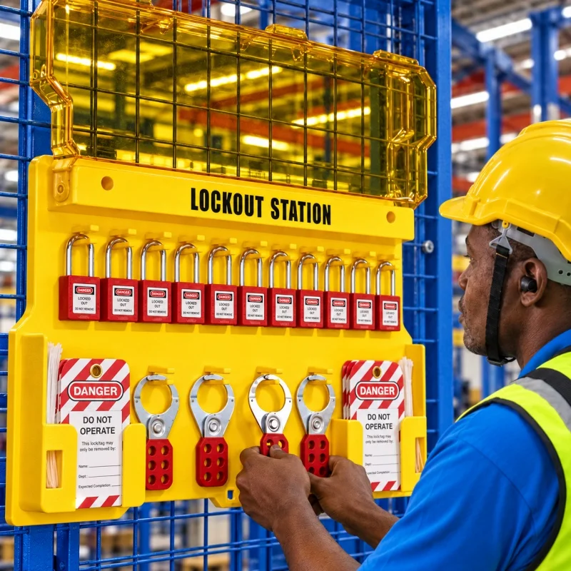 LOTO Station Kit with 1 Covered 14-Position Station, 10 Keyed-Different Padlocks, 4 Group Hasps, 20 Warning Tags, 20 Zip Ties and Screws | For Safety Supervisors and Maintenance Teams | For Production Lines, Electrical Rooms, Workshops and Warehouses