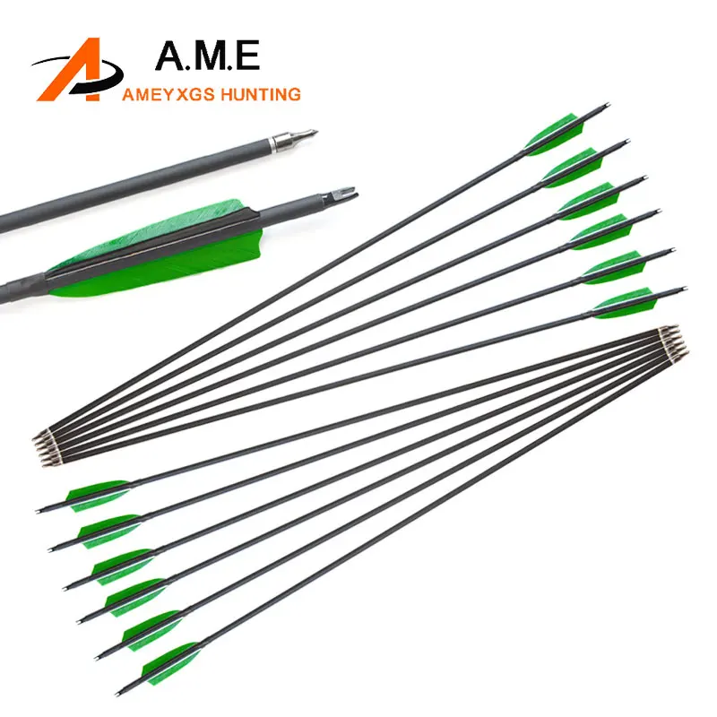 

6/12pcs Mixed Carbon Arrow 31.5 Inch Arrow SP 500 ID6.2mm 4" Turkey Feather 100Grain Arrowhead for Recurve Bow Hunting Shooting