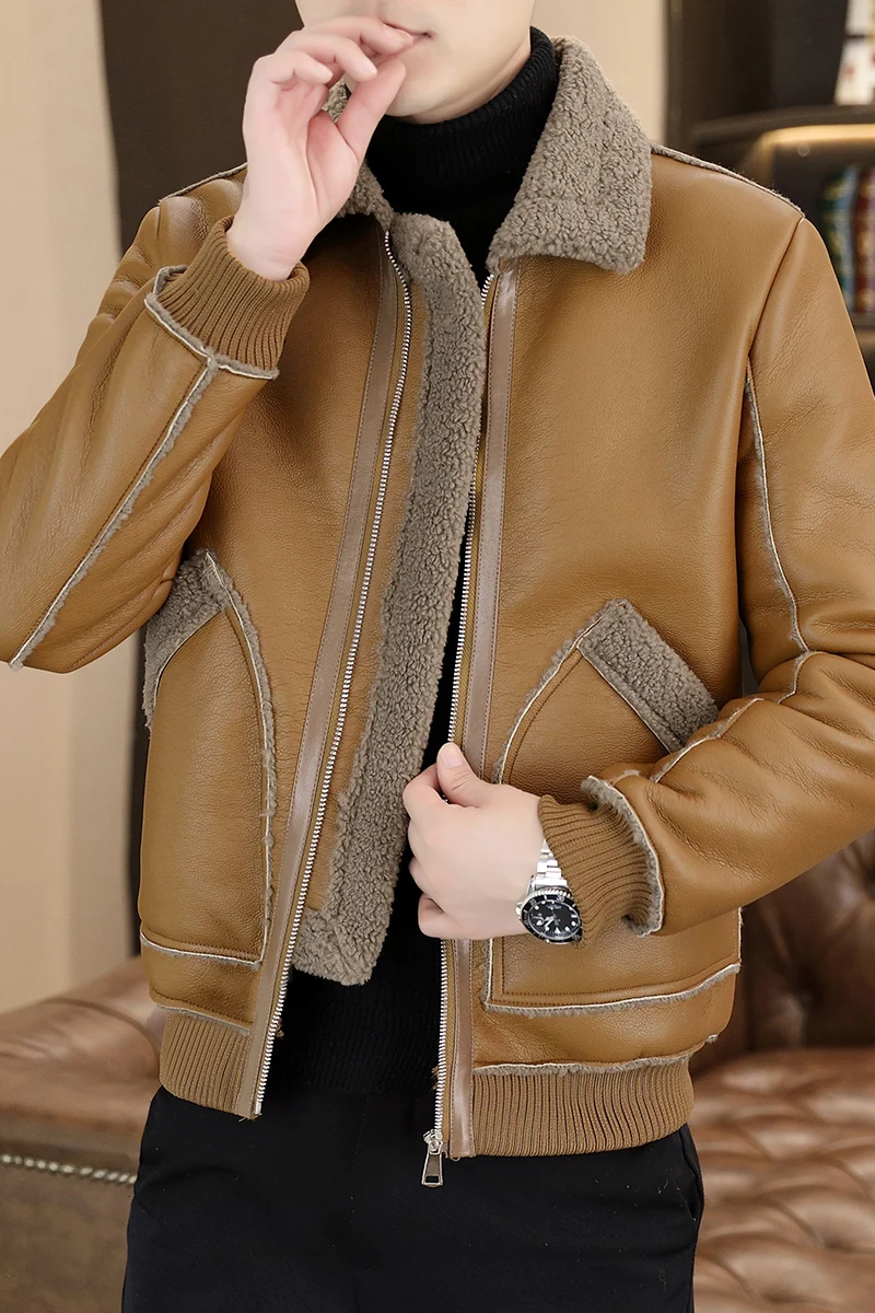 Winter Leather and Fur Integrated Jacket for Men Thickened and Warm Casual Leather Jacket Fashion Windproof Motorcycle Coat 2023