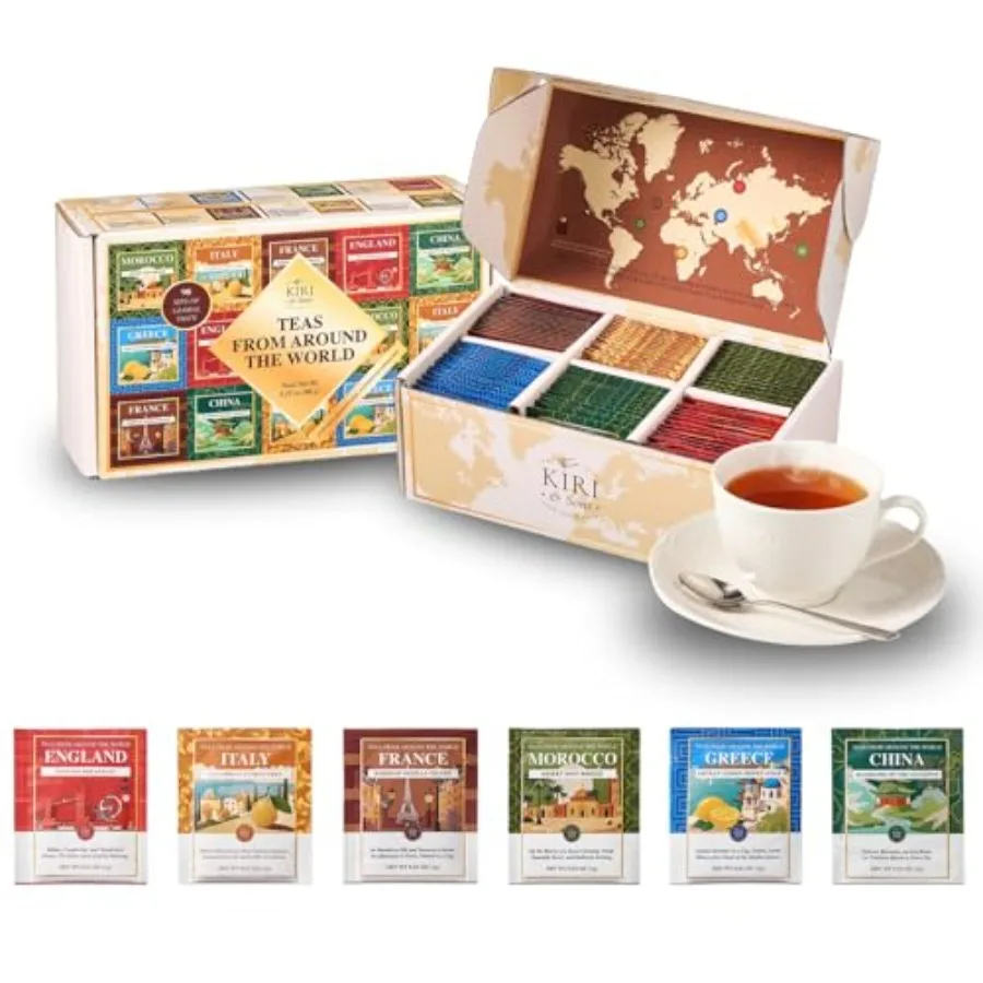 

Exotic 90 Count International Tea Bags Variety Pack Global Sampler Box Featuring England, France, Italy, Morocco, Greece and Ch