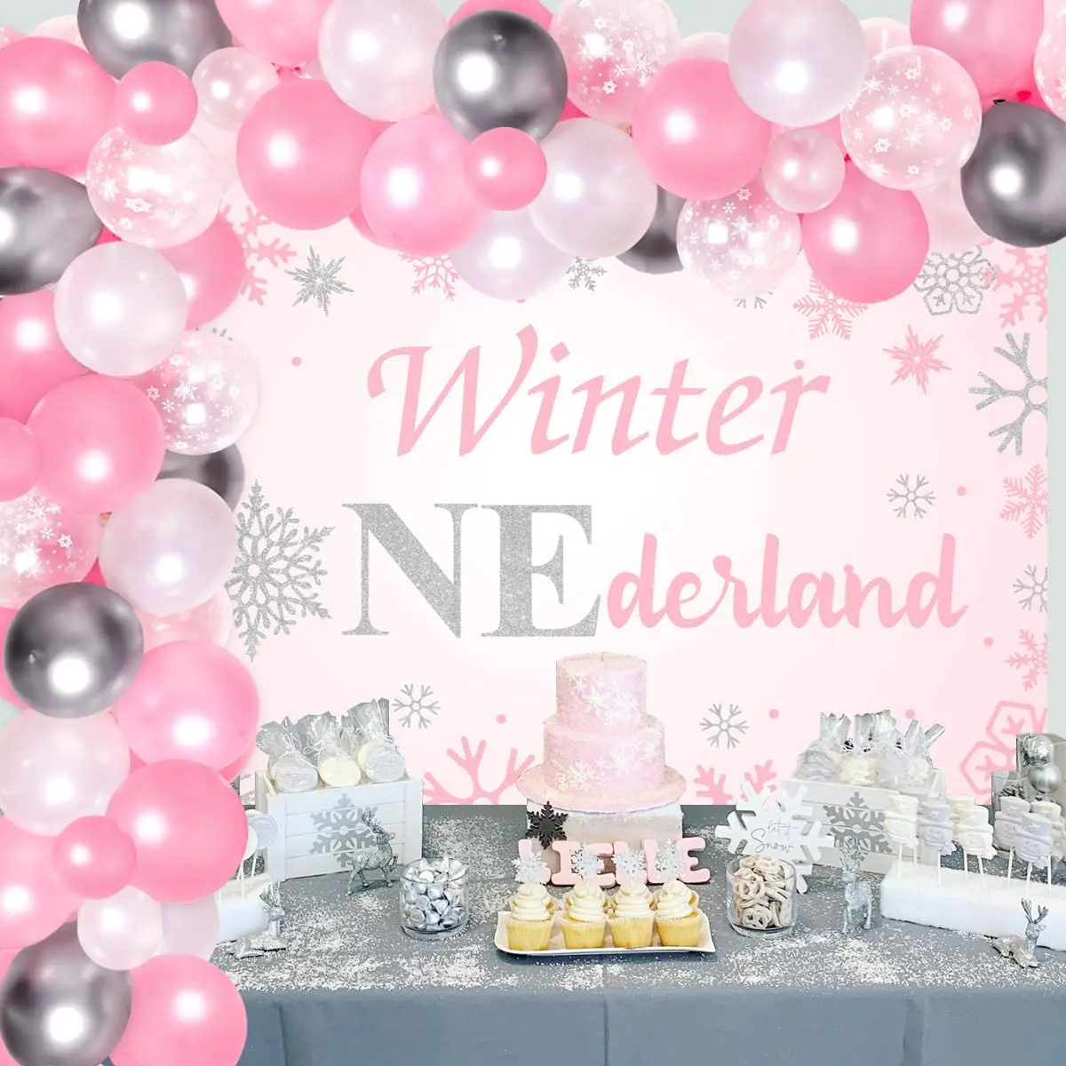 

Pink Winter Onederland Birthday Decorations for Girl Snowflake Balloon Garland Backdrop Wonderland 1st Birthday Party Supplies