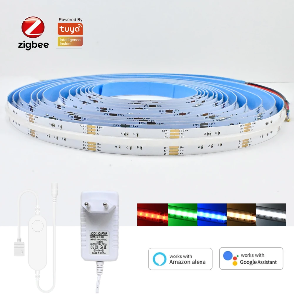 Tuya Zigbee 3.0 COB RGB+CCT Led Strip 12V 1m 2m 3m 4m 5m Dimmable Flexible Cupboard Showcase Lighting for Alexa Google Assistant