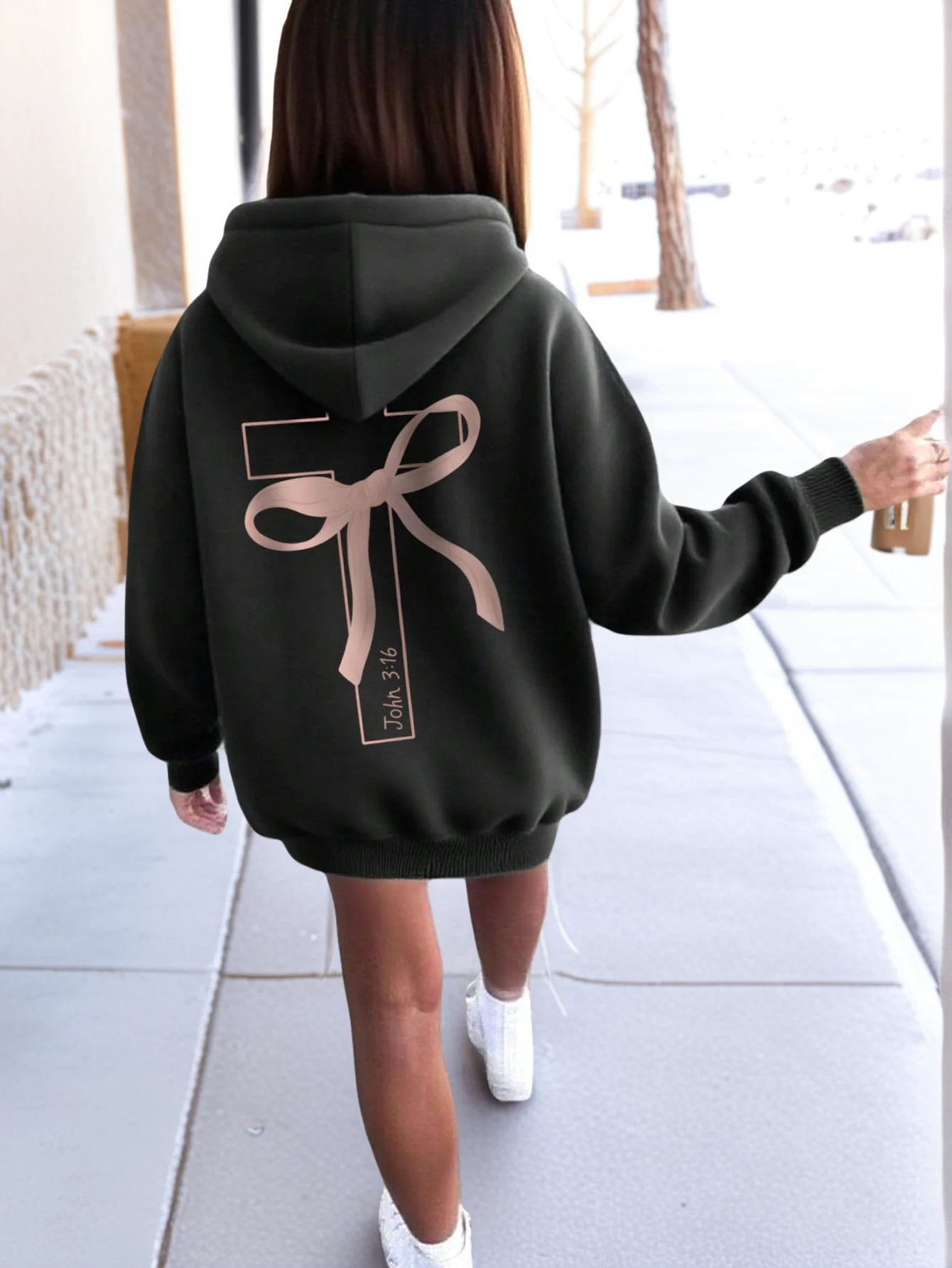 

Olive Green Oversized Hoodie with Rose Gold Bow & Scripture Graphic for Teens