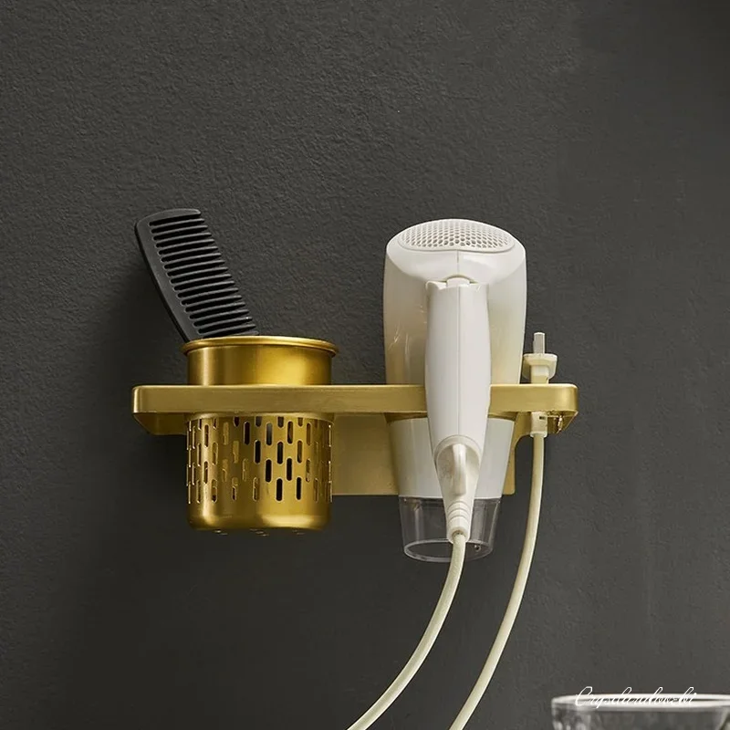 Bathroom Shelf Brushed Gold Aluminum Hair Dryer Holder Wall Mount Hair Dryer Rack Home Shelf Holder Bath Hardware
