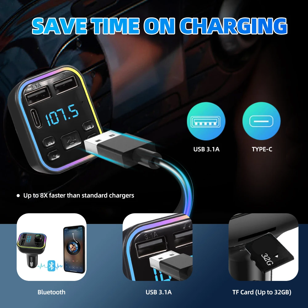 Car Bluetooth 5.0 FM Transmitter PD Type-C Dual USB 3.1A Fast Charger Colorful Ambient Light Handsfree MP3 Modulator Player